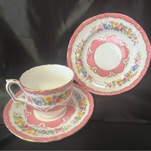 Crown Staffordshire Pink Tunis Fine Bone China Teacup, Saucer, Side Plate Trio